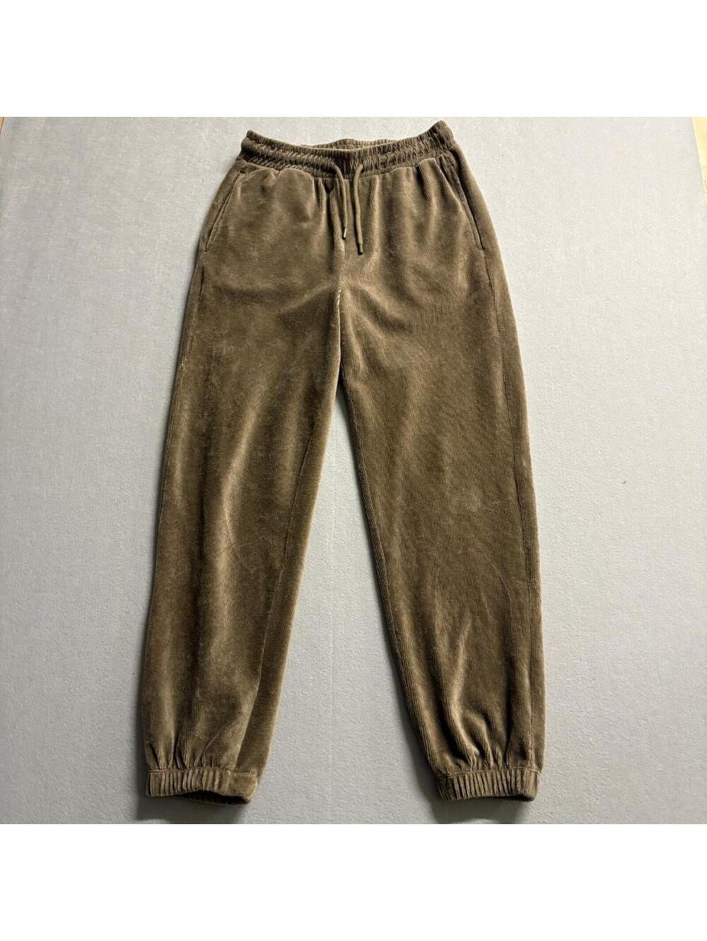 JAJU Corduroy Velvet Jogger Pants Womens Small Brown Khaki Elastic Waist Lounge